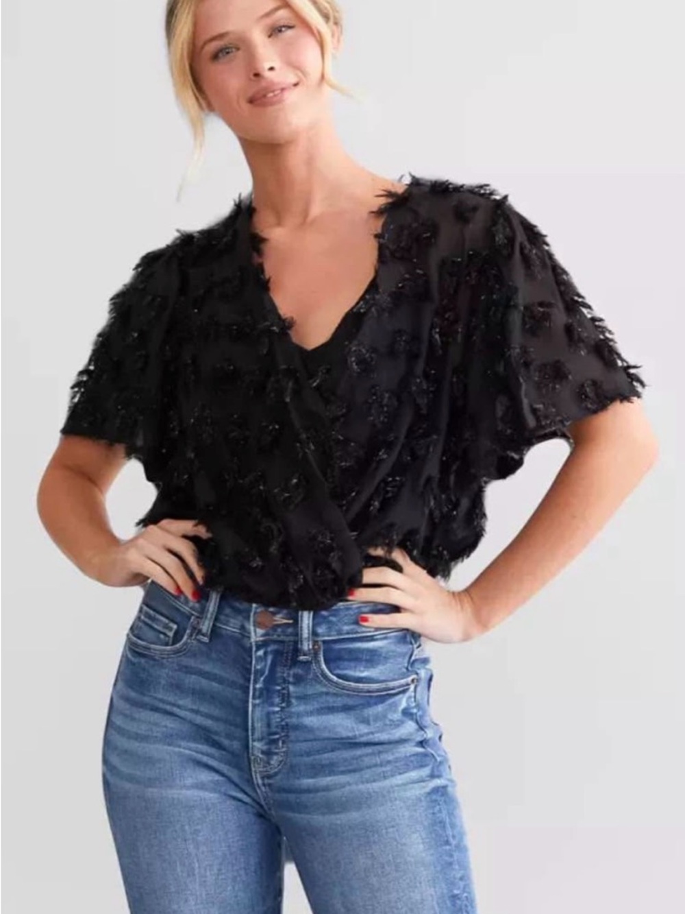 Buckle Black Embellished V-Neck Bodysuit